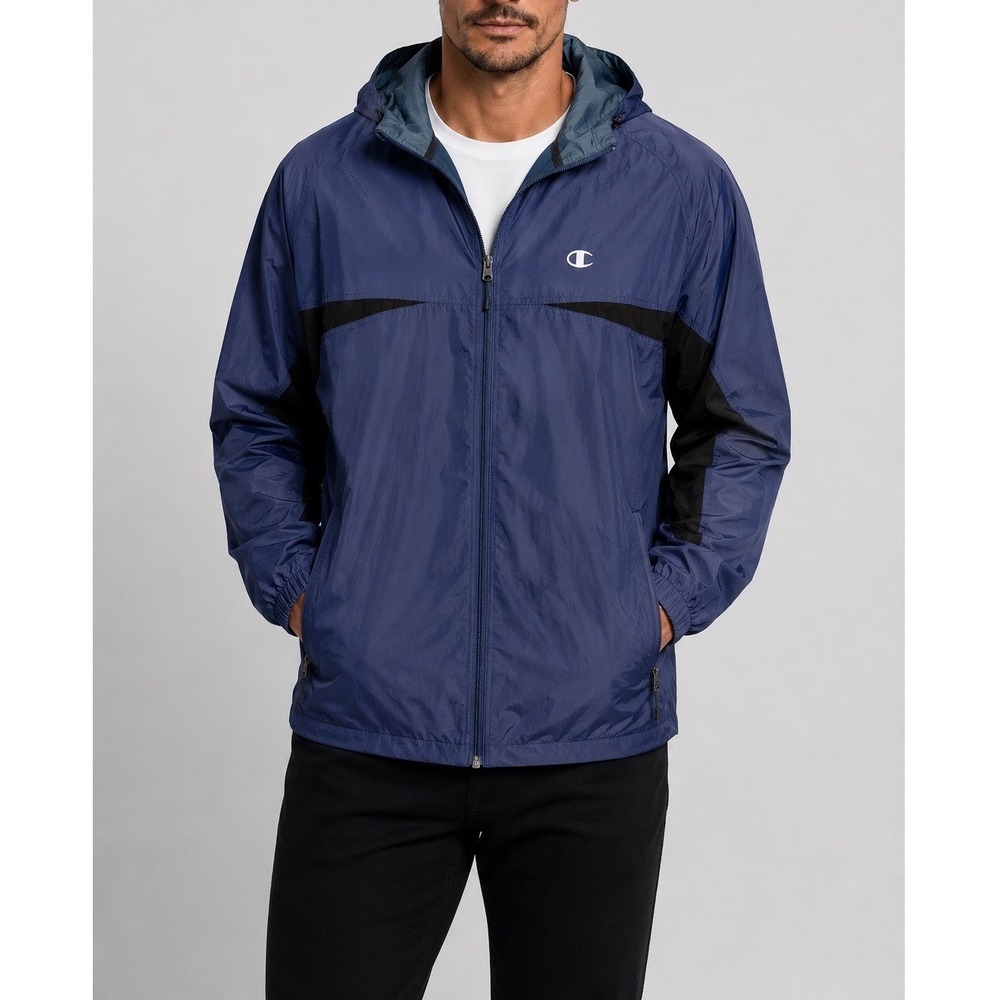Champion Vintage Blue/Black Zip Up Hooded Jacket Coat